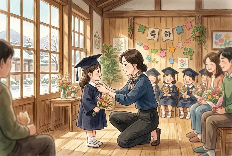 졸업 가운 입은 아이의 깃을 선생님이 고쳐 주는 강당 (AI로 만든 그림)