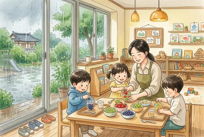 빗방울 맺힌 창가에서 과일 컵을 만드는 실내 활동 (AI로 만든 그림)