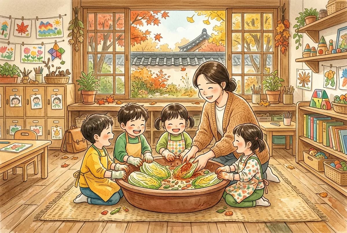 앞치마 두른 아이들이 대야 둘레에서 김장 흉내를 내는 늦가을 (AI로 만든 그림)