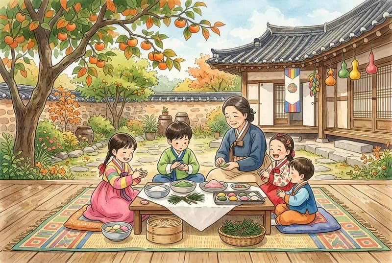 한복 입은 아이들이 송편을 빚는 초가을 마당 (AI로 만든 그림)