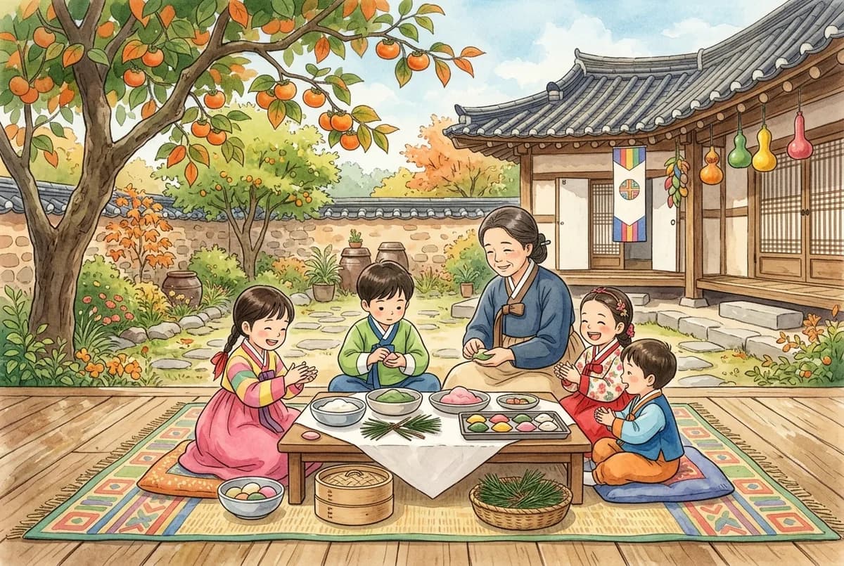 한복 입은 아이들이 송편을 빚는 초가을 마당 (AI로 만든 그림)