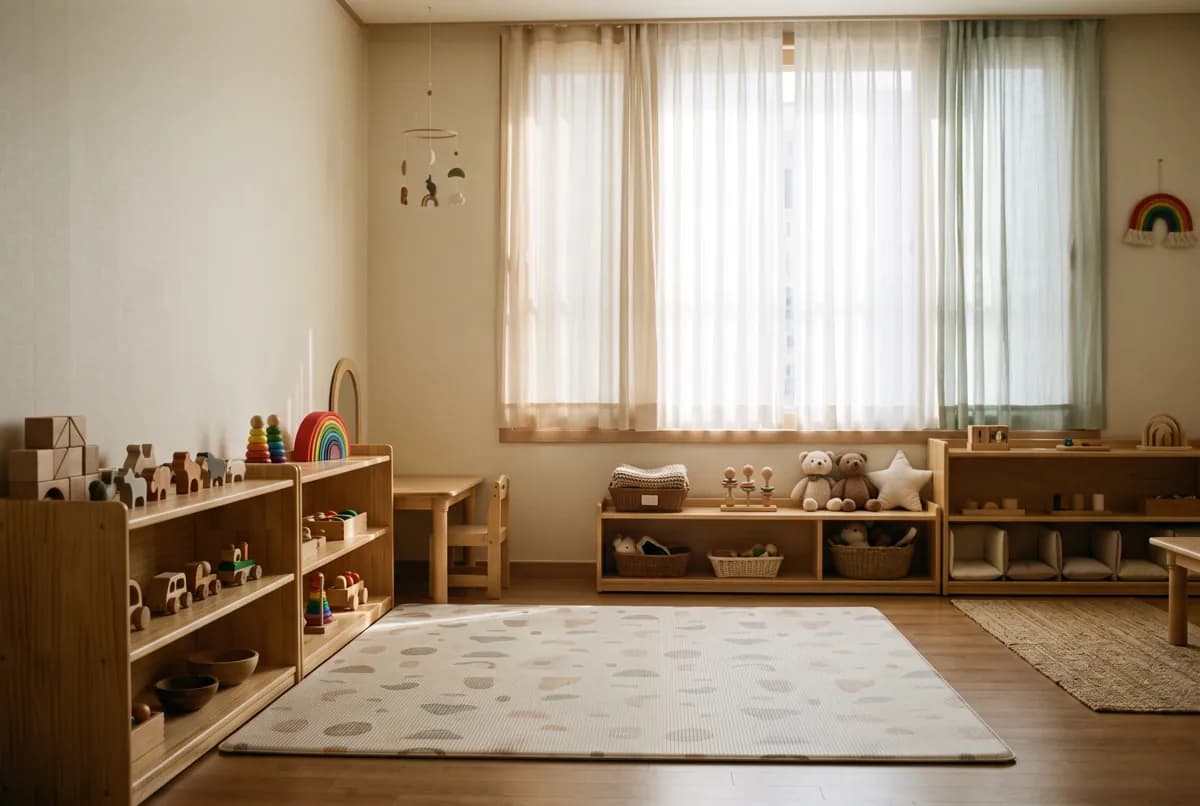 영아반 보육실 바닥에 놓인 원목 놀잇감과 낮은 매트, 창가의 부드러운 빛 (AI로 만든 연출 사진)