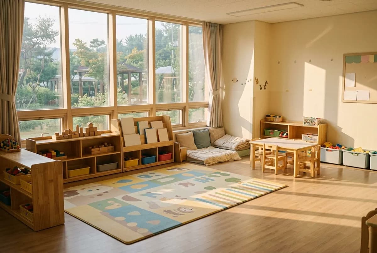 이른 아침 햇살이 길게 드는 어린이집 놀이 공간, 놀이 매트와 낮은 수납장이 놓인 넓은 실내 (AI로 만든 연출 사진)