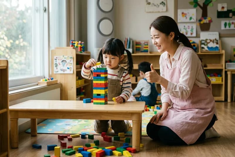 아이가 블록 탑을 다시 쌓고 선생님이 엄지를 세워 응원하는 장면 (AI로 만든 연출 사진)