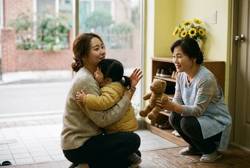 아침 현관에서 엄마가 아이를 안아 주고 선생님이 애착 인형을 들어 주는 장면 (AI로 만든 연출 사진)