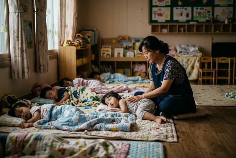 이불을 덮고 나란히 잠든 영아들 곁에서, 선생님이 아직 깨어 있는 영아의 등을 가만히 쓸어 주는 장면 (AI로 만든 연출 사진)