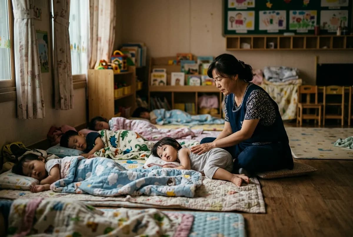 이불을 덮고 나란히 잠든 영아들 곁에서, 선생님이 아직 깨어 있는 영아의 등을 가만히 쓸어 주는 장면 (AI로 만든 연출 사진)