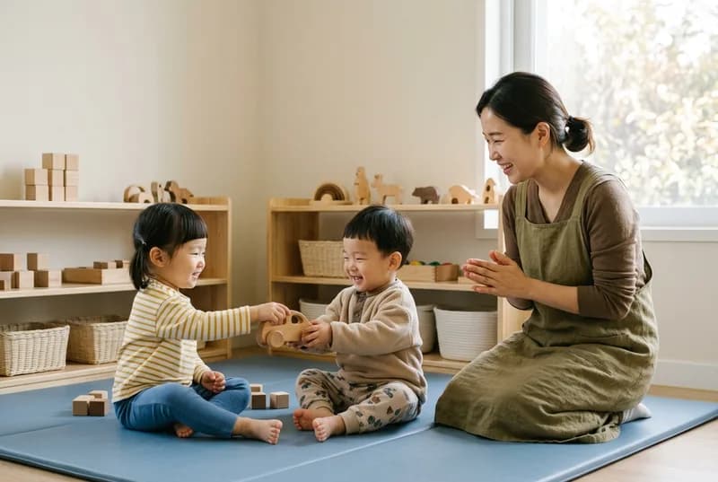매트 위에서 여자아이가 나무 자동차를 친구에게 건네고, 무릎 꿇고 앉은 선생님이 손뼉 치며 웃는 모습 (AI로 만든 연출 사진)