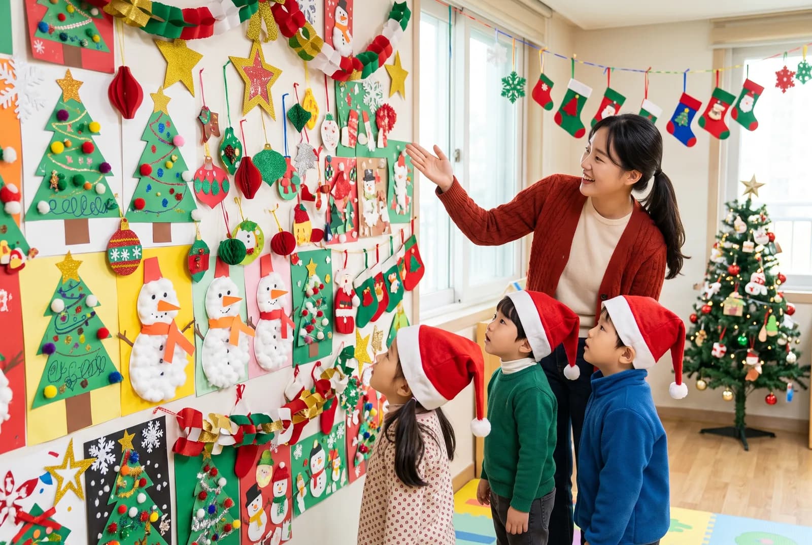 크리스마스트리와 눈사람, 양말 장식 공예품으로 가득 찬 교실 벽을 산타 모자를 쓴 아이들과 선생님이 올려다보는 모습 (AI로 만든 연출 사진)