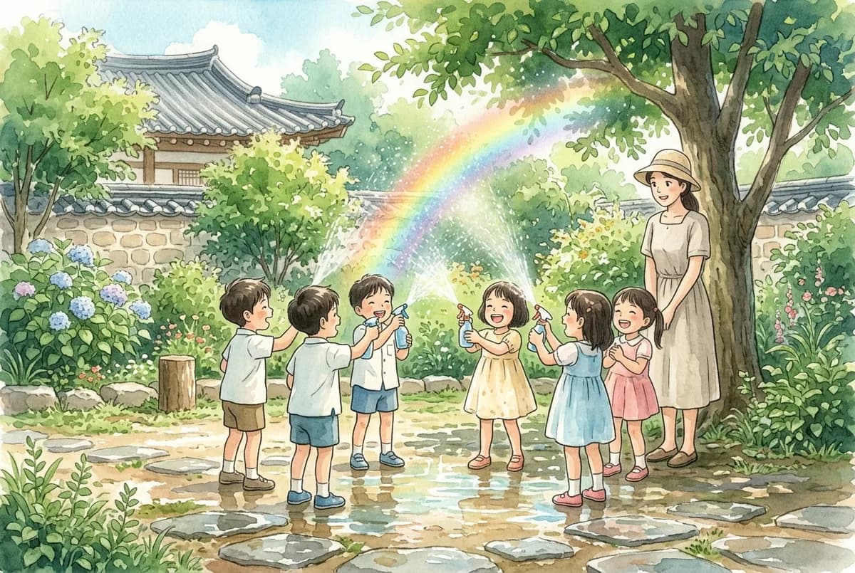 장맛비 그친 마당에서 분무기로 무지개 비를 만드는 아이들 (AI로 만든 그림)