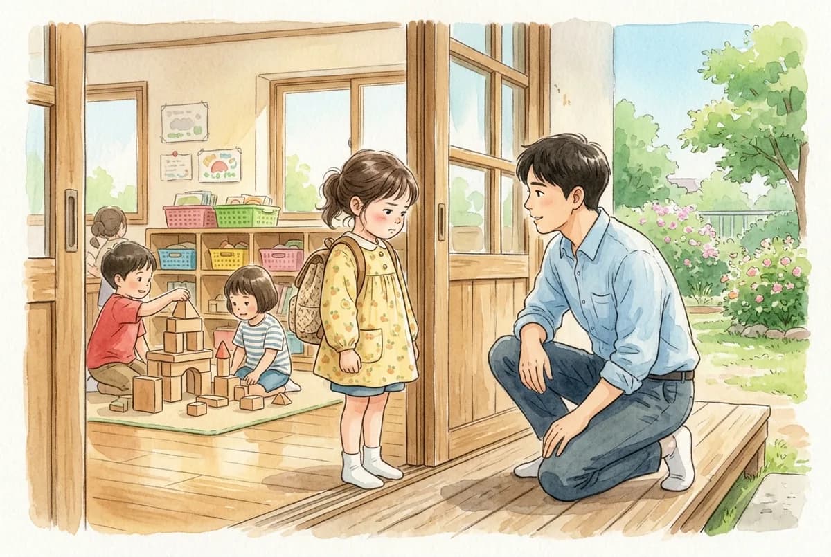 초여름 아침 유치원 교실 문 앞에 입을 꾹 다물고 선 만 5세 아이 옆에 남자 선생님이 무릎을 굽혀 앉은 모습 (AI로 만든 그림)
