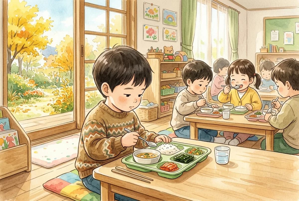 가을 점심 어린이집 낮은 식탁에서 숟가락을 쥔 채 식판의 반찬을 내려다보는 만 3세 아이 (AI로 만든 그림)