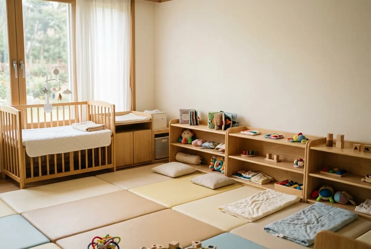 어린이집 영아반 교실, 낮은 나무 선반과 놀이 매트, 창가에 놓인 아기 침대가 있는 밝은 실내 (AI로 만든 연출 사진)
