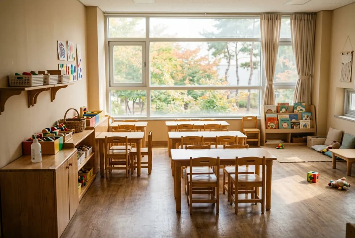 아침 햇살이 드는 어린이집 교실 창가, 빈 나무 책상과 의자, 낮은 수납장 위에 놓인 손 소독제 (AI로 만든 연출 사진)