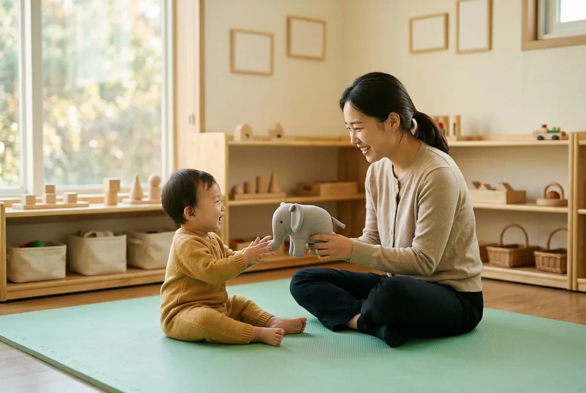 햇살 드는 보육실 매트 위에서 선생님이 코끼리 인형을 내밀자 영아가 두 손을 뻗으며 웃는 모습 (AI로 만든 연출 사진)