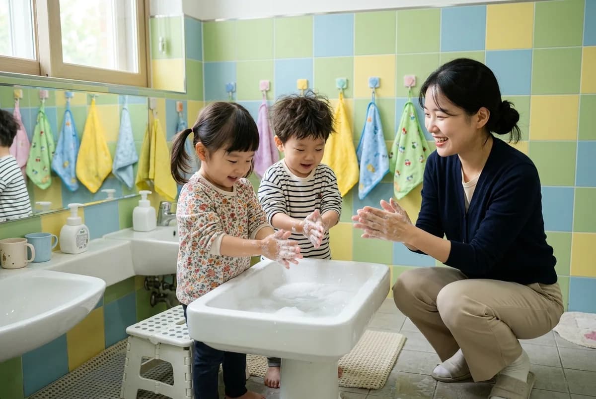 알록달록한 타일 세면장에서 두 아이가 비누 거품 묻은 손을 비비고, 선생님이 옆에 쪼그려 앉아 함께 손을 비비며 웃는 장면 (AI로 만든 연출 사진)
