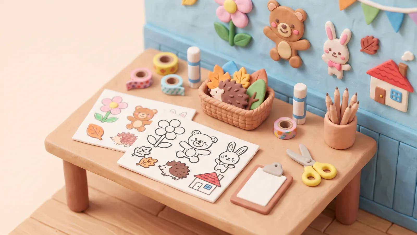 클레이 모형으로 빚은 작업대 — 꽃 · 곰 · 고슴도치 도안 시트와 가위, 연필꽂이, 나뭇잎 바구니가 놓여 있고 뒤 벽에 같은 그림의 클레이 장식이 붙어 있다