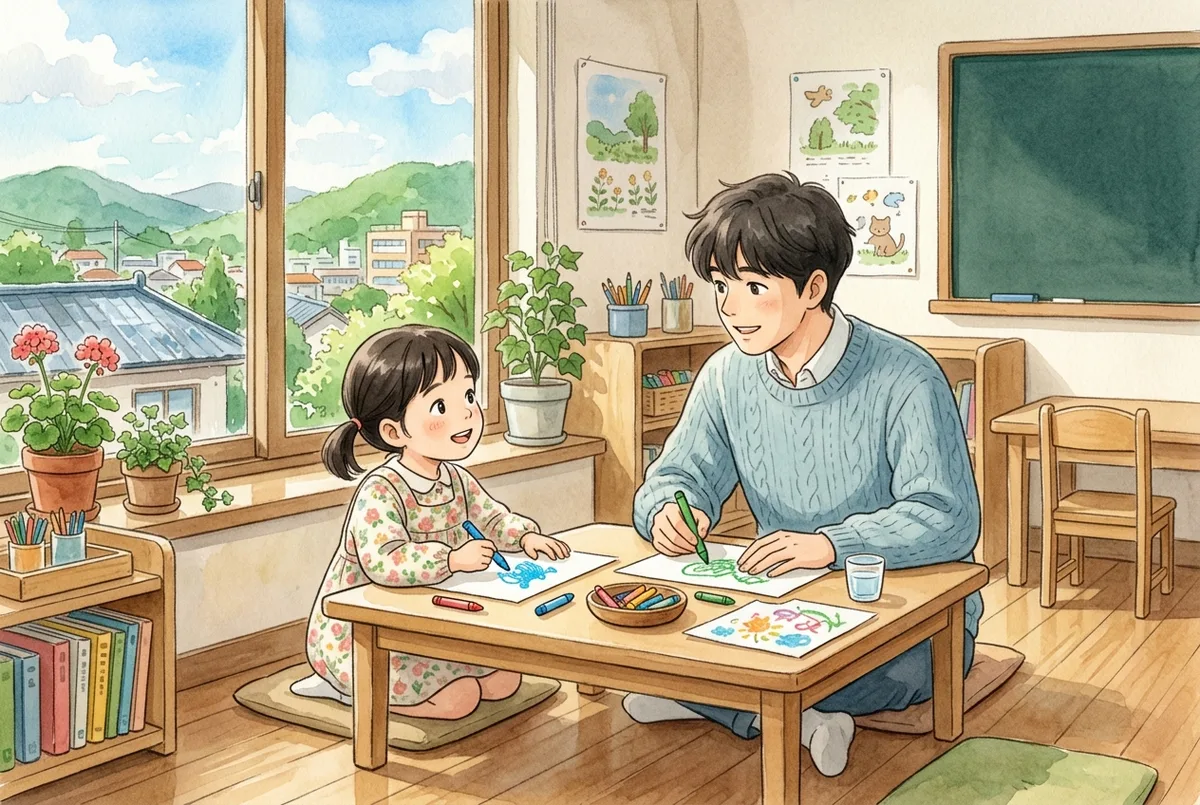 교실 창가 낮은 탁자에서 마주 앉아 종이에 그림을 그리며 이야기하는 아이와 남자 선생님 (AI로 만든 그림)