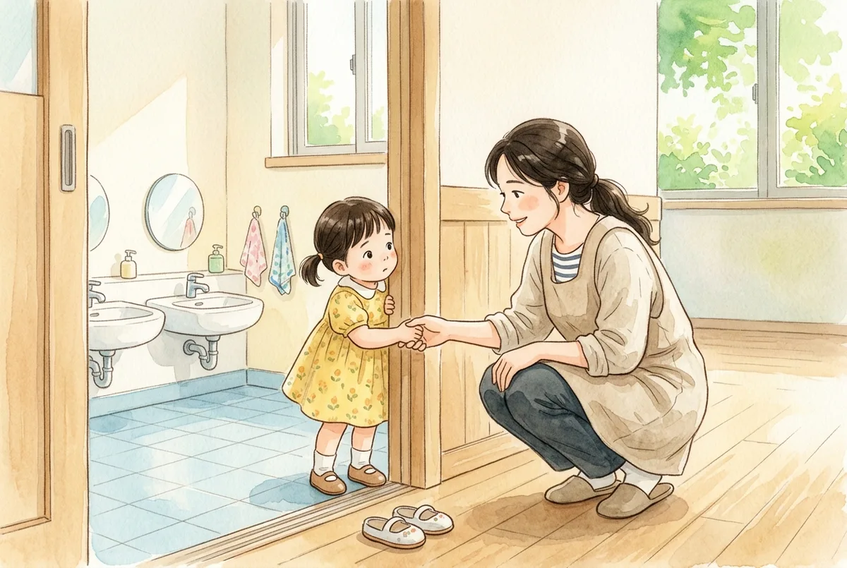 밝게 정돈된 유아용 화장실 앞에서 눈높이를 맞춰 쪼그려 앉은 선생님의 손을 잡고 안을 들여다보는 아이 (AI로 만든 그림)