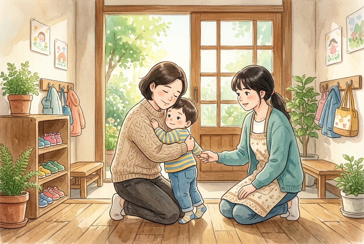 원 현관에서 엄마가 아이를 꼭 안아 주고 선생님이 옆에 무릎을 꿇고 아이 손을 잡은 모습 (AI로 만든 그림)