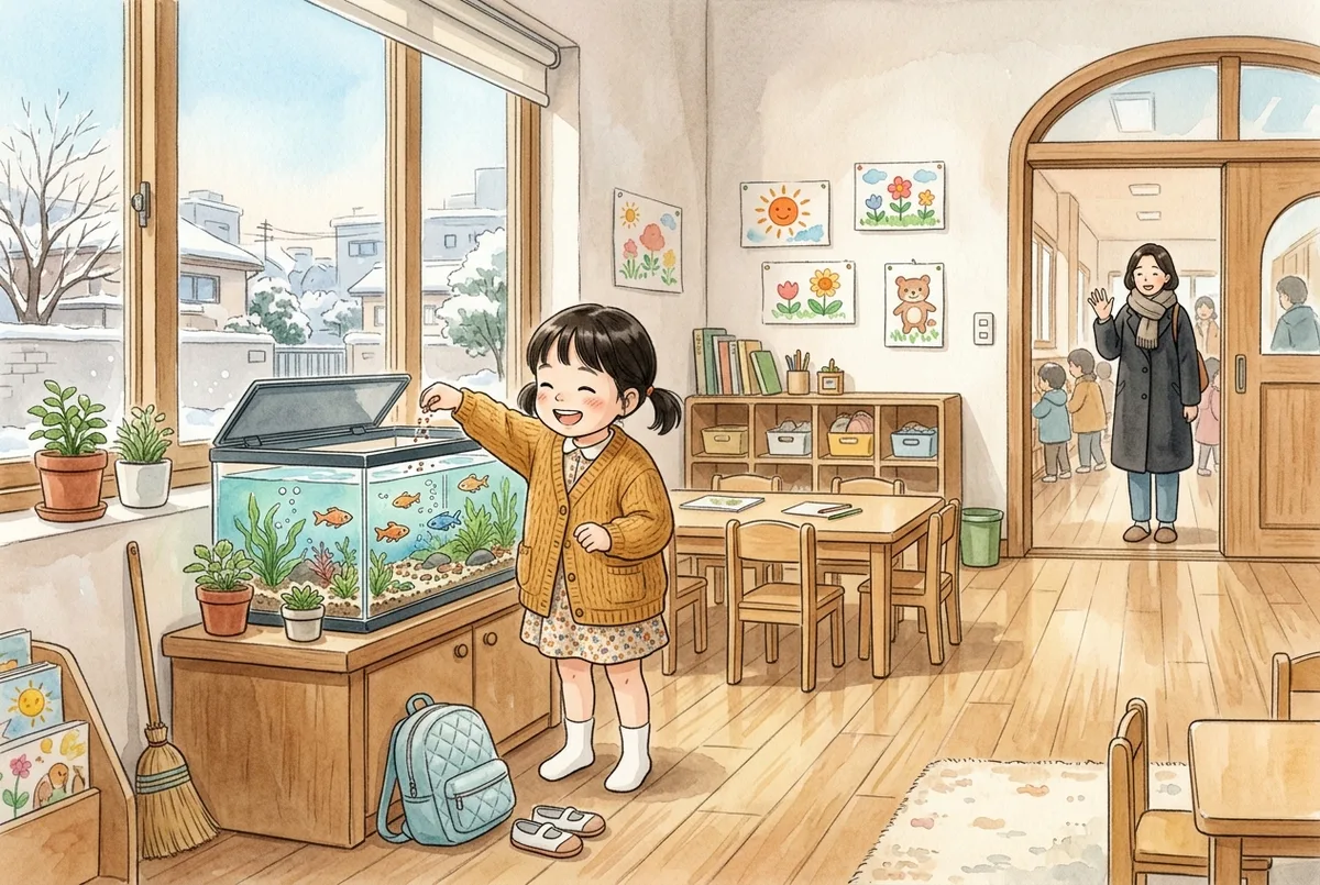 유치원 교실 어항 앞에서 물고기 밥을 주며 환하게 웃는 아이와 멀리 현관에서 손을 흔드는 엄마 (AI로 만든 그림)