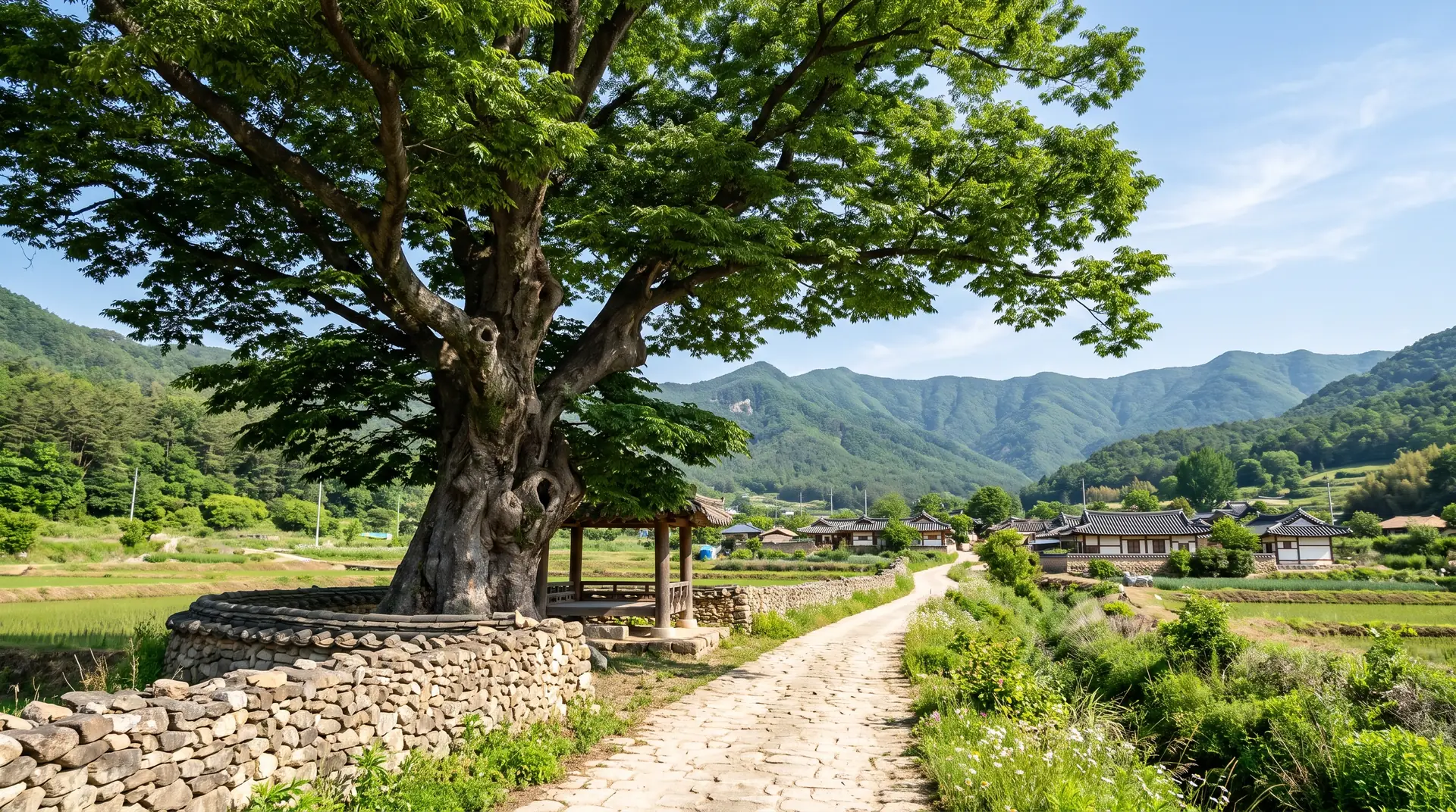 AI로 만든 마을 어귀 그림. 둥글게 돌을 쌓은 단 위에 줄기가 굵은 큰 나무가 가지를 넓게 펼치고, 그 옆에 작은 정자와 마을로 이어지는 돌길이 있다.